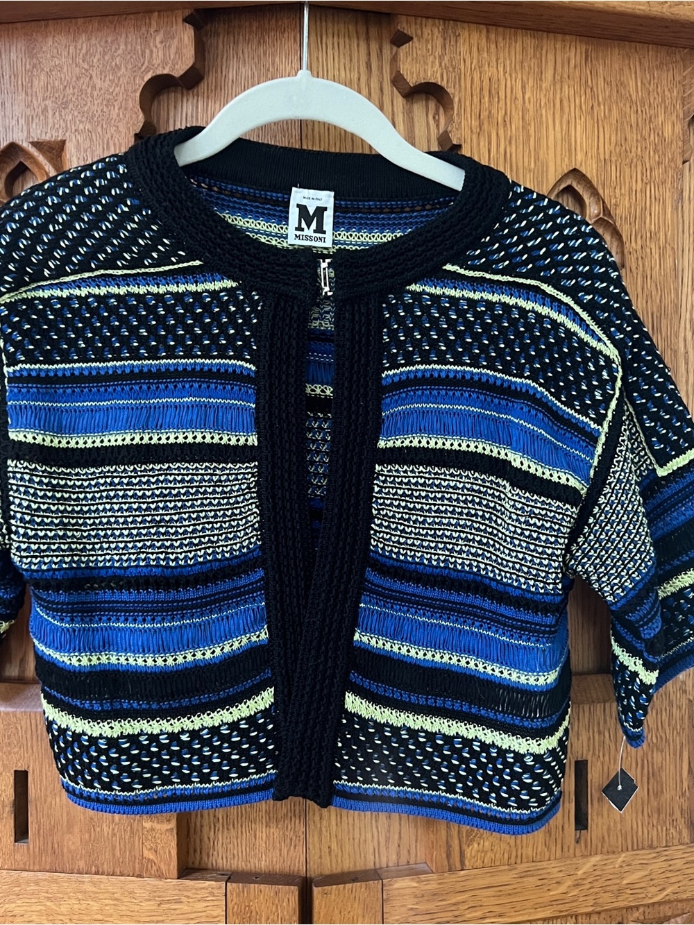 Missoni Striped Cropped Knit Jacket in Black, Blue & Lime